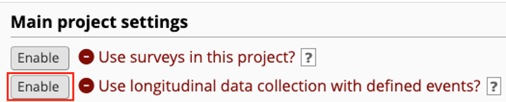 Main project settings section of the Project Setup page with a red box around the enable button for Use longitudinal data collection...