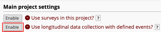Main project settings section of the Project Setup page with a red box around the &#39;enable&#39; button for &#39;Use longitudinal data collection...&#39;