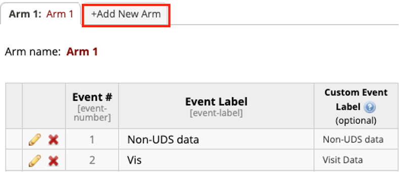 Define My Event table with red box around the Add New Arm tab.