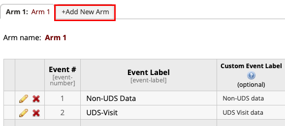 Define My Event table with red box around the Add New Arm tab.