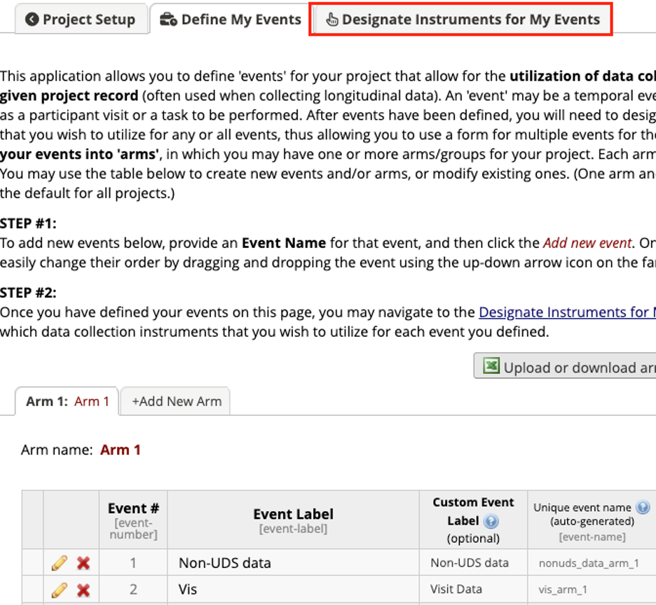 Define My Events page with red box around the Designate Instruments for My Events tab.