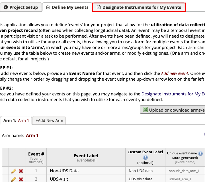Define My Events page with red box around the Designate Instruments for My Events tab.
