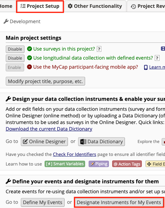 Project Setup page with red box around the Designate Instruments for My Events button.