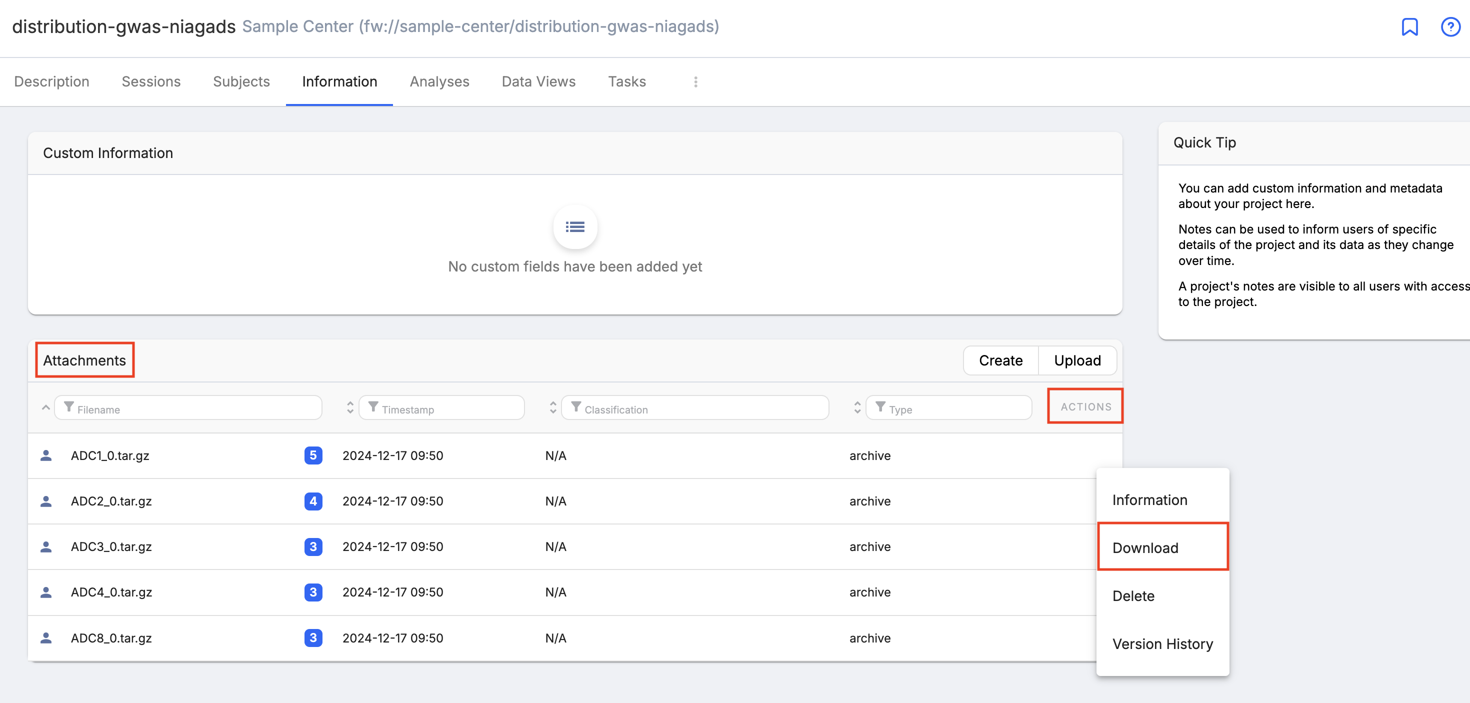 Alt text: Image of the corresponding &quot;Distribution GWAS NIAGADS&quot; Flywheel project with &quot;Attachments&quot;, &quot;Actions&quot;, and &quot;Download&quot; components are outlined.