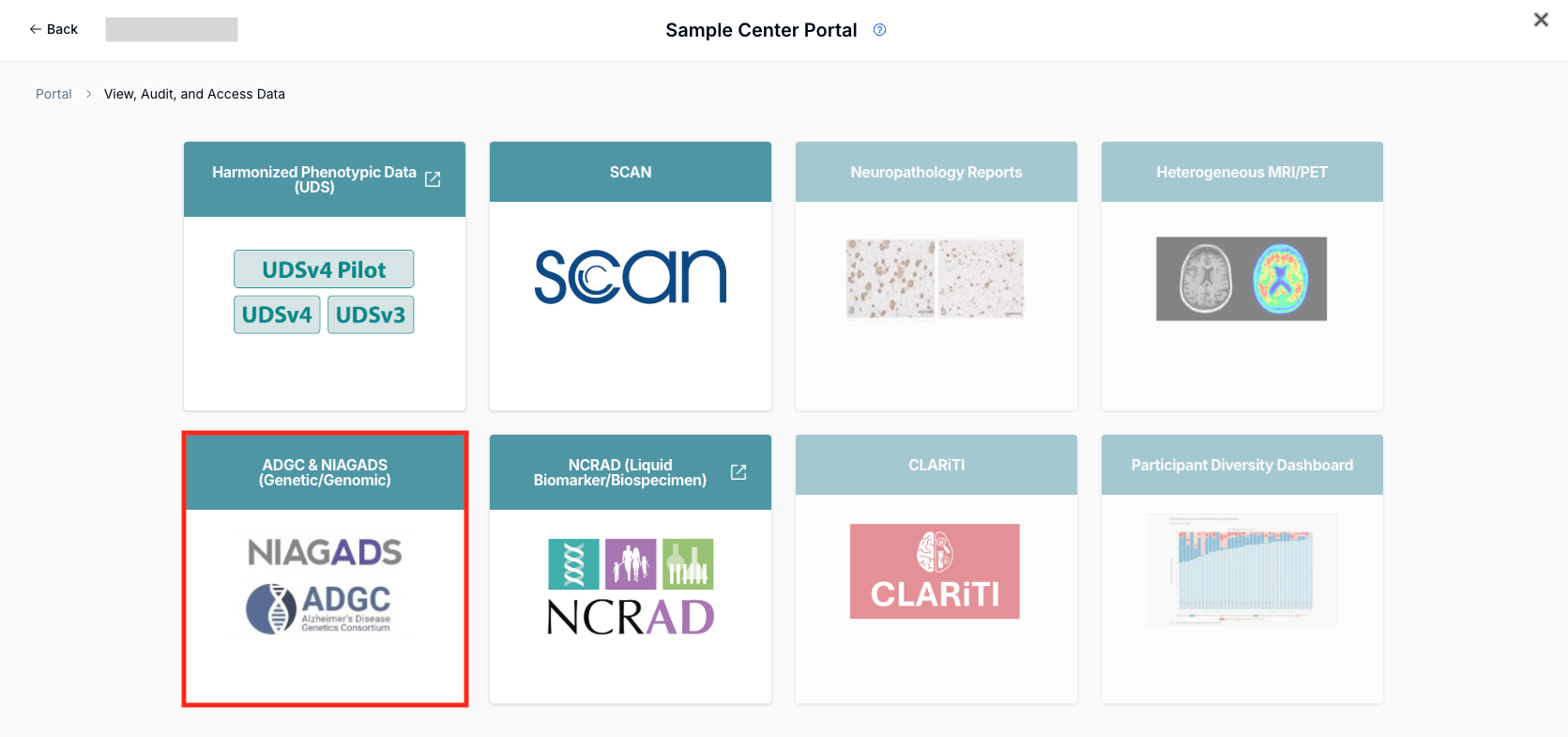 Alt text: Image of the ADRC Portal &quot;View, Audit, and Access Participant Data&quot; landing page with the &quot;ADGC &amp; NIAGADS (Genetics/Genomic)&quot;&quot; button outlined