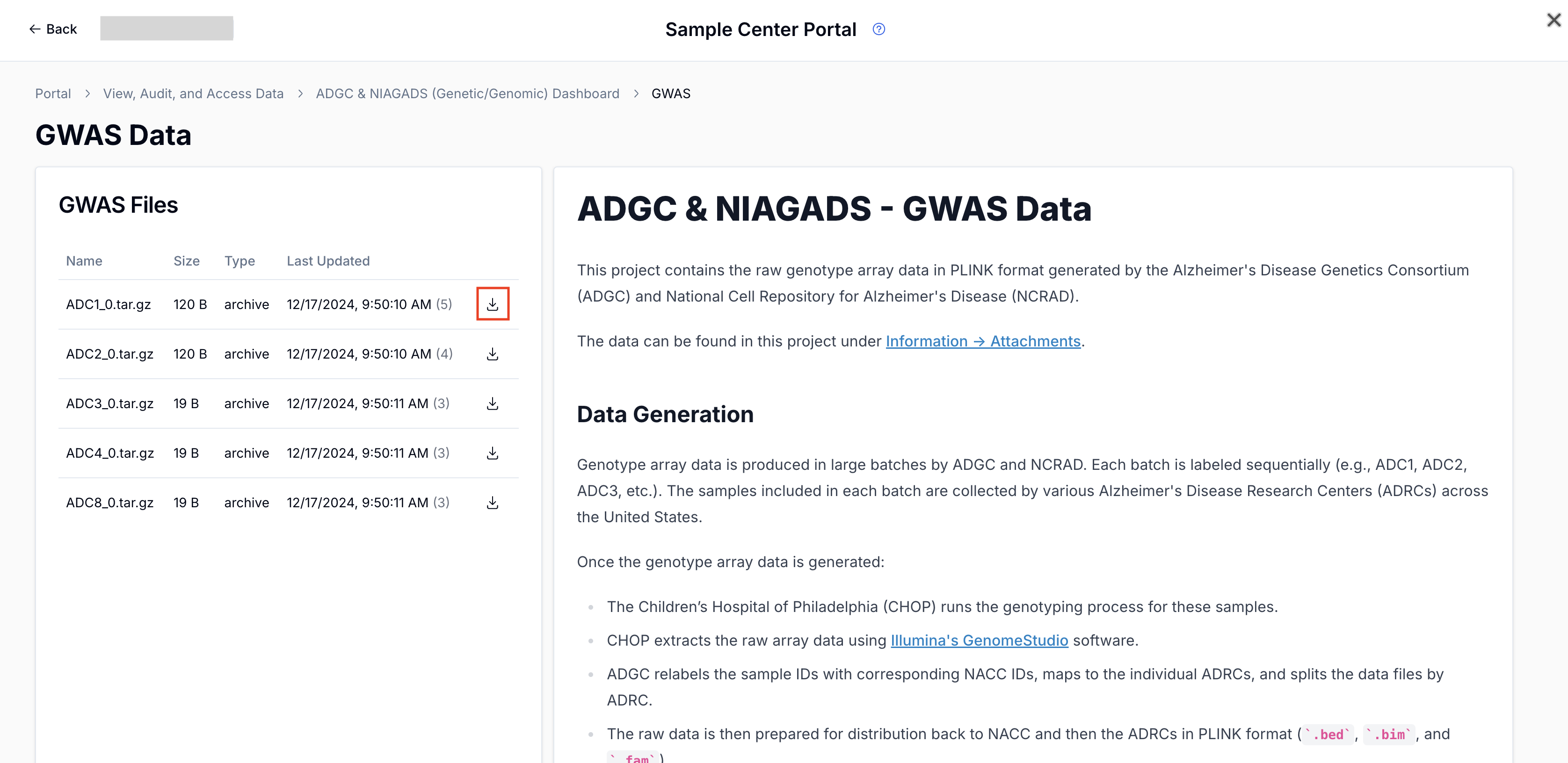 Alt text: Image of the ADRC Portal &quot;GWAS Data&quot; page showing example GWAS data from the Sample Center with the download icon for a single file outlined