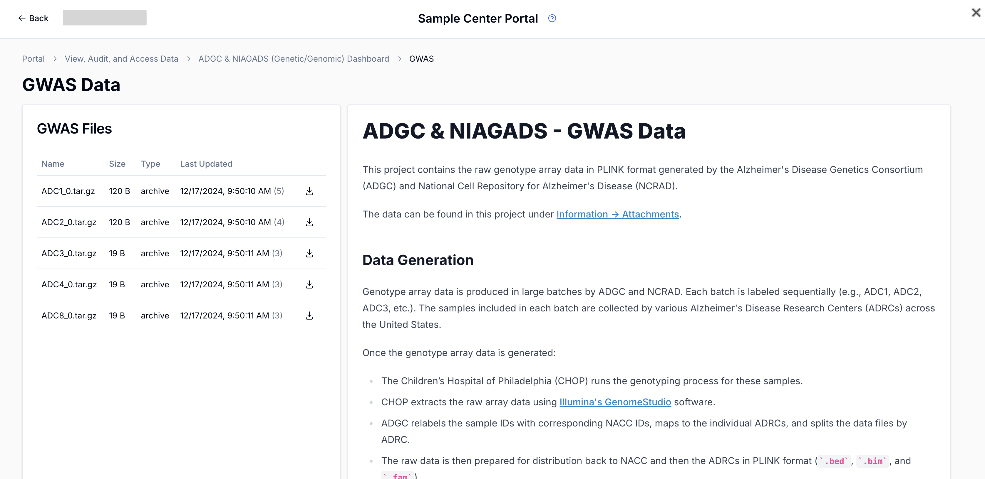 Alt text: Image of the ADRC Portal &quot;GWAS Data&quot; page showing example GWAS data from the Sample Center