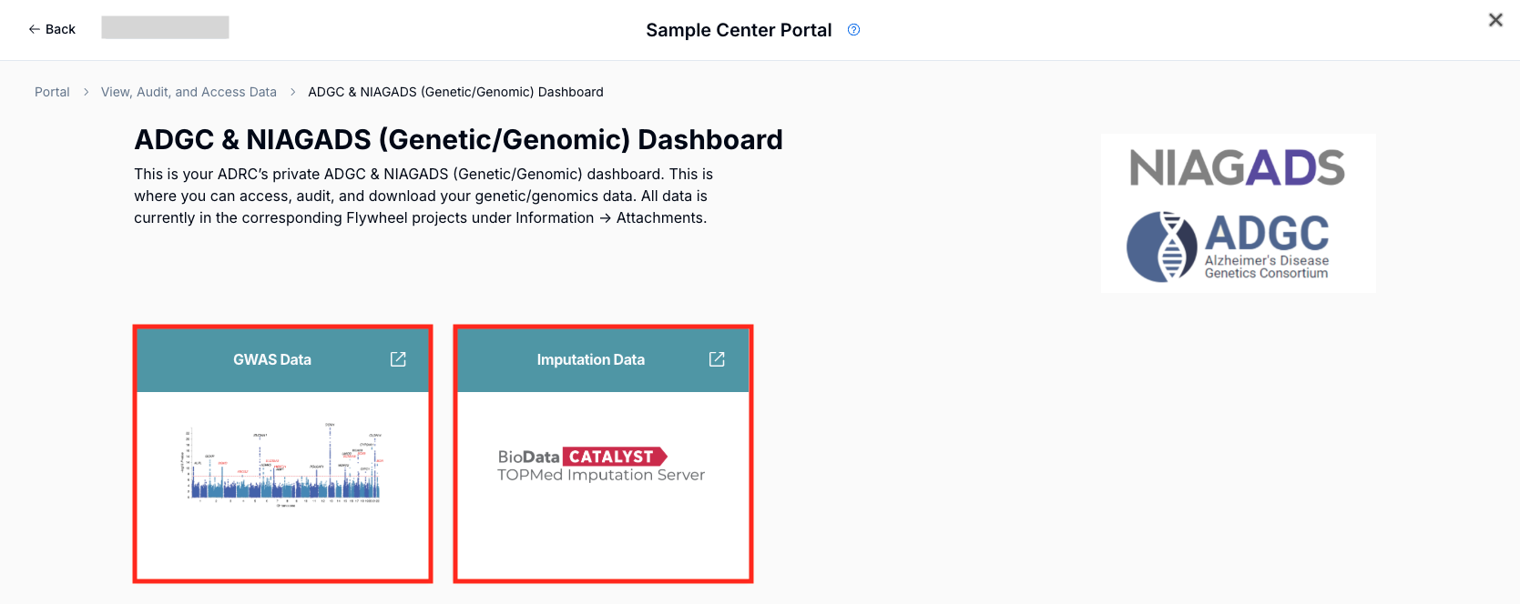 Alt text: Image of the ADRC Portal &quot;ADGC &amp; NIAGADS (Genetics/Genomic)&quot; page with the &quot;GWAS Data&quot; and &quot;Imputation Data&quot; buttons outlined