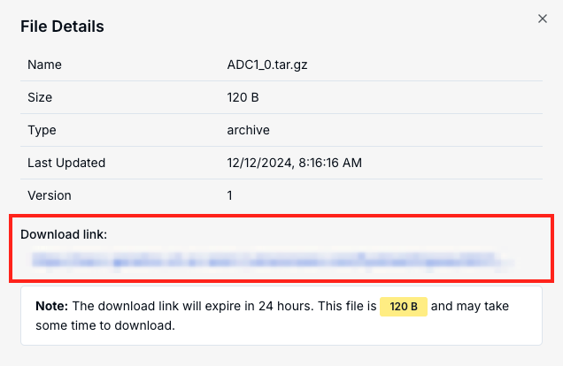 Alt text: Image of the download dialogue for ADC1_0.tar.gz, with the generated download link.