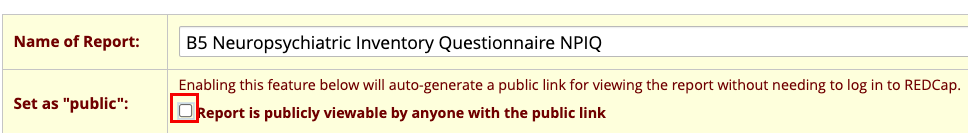 Alt txt: Report header with red box around tick box for setting the
report public.