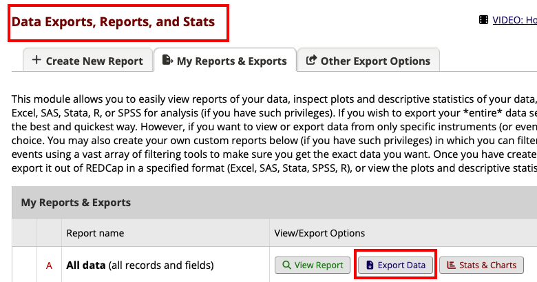 Data Exports, Reports and Stats page with a red box around the header Data Exports, Reports, and Stats as well as the Export Data button