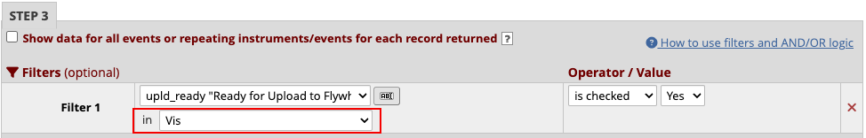 Alt txt: Step 3 with a red square around the drop-down menu for
filters. Vis is selected.