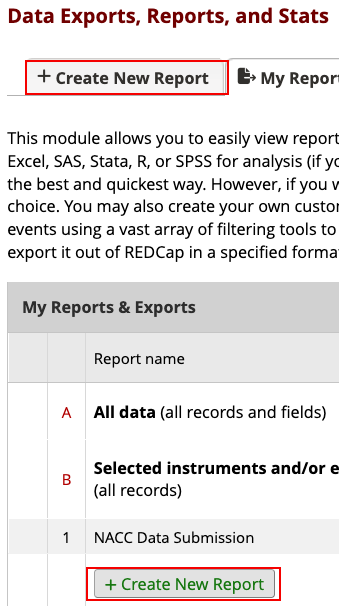 Alt txt: Data Exports, Reports and Stats page with red box around
&#39;create new report&#39; tab and &#39;create new report&#39;
button.