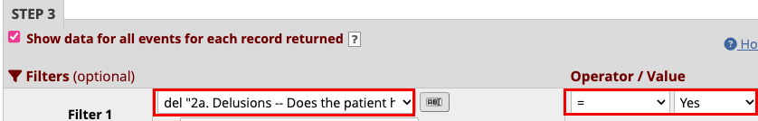 Alt txt: Step 3 of reports with red box around selections for Filter
1 and Operator Value 