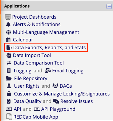 Alt txt: Applications section of left-hand navigation bar with red
box around &#39;Data Exports, Reports, and
Stats&#39;.