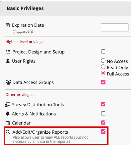 Alt txt: Basic Privileges section of User Rights page with red box around &#39;Add/Edit/Organize Reports&#39;