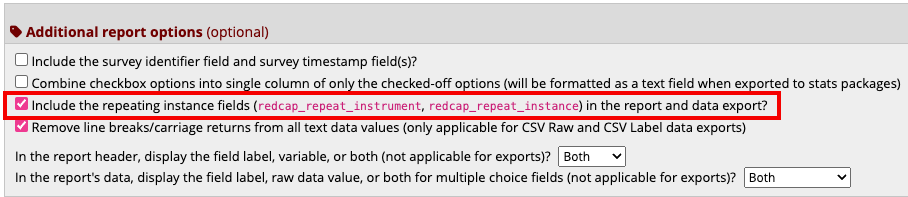 Alt txt: Additional report options section with a red box around the
ticked box &#39;Include the repeating instance
fields&#39;