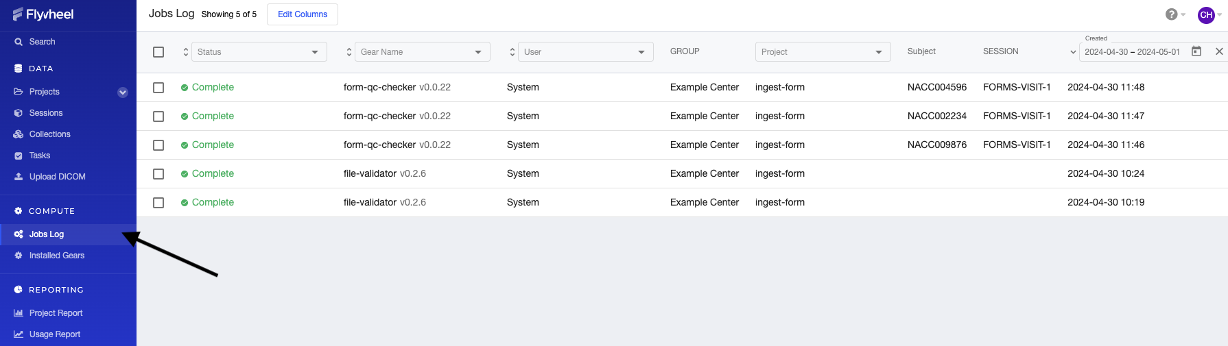 Flywheel jobs log