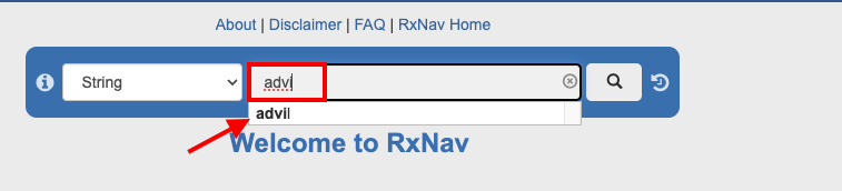 Alt txt: Red box around a text box with the word &#39;advi&#39; in it. To the
right of the box is the instruction &#39;Type to begin searching.&#39; Below the
text box is a drop-down list of medications including the word &#39;Advi&#39;.
There is a red arrow pointing to the drop-down list.
