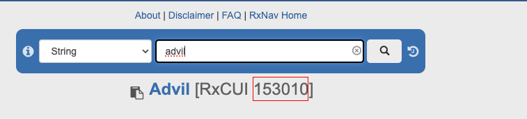 Alt txt: Search box with Advil RxNorm drug code. The number portion
in the red brackets has a red rectangle around
it.