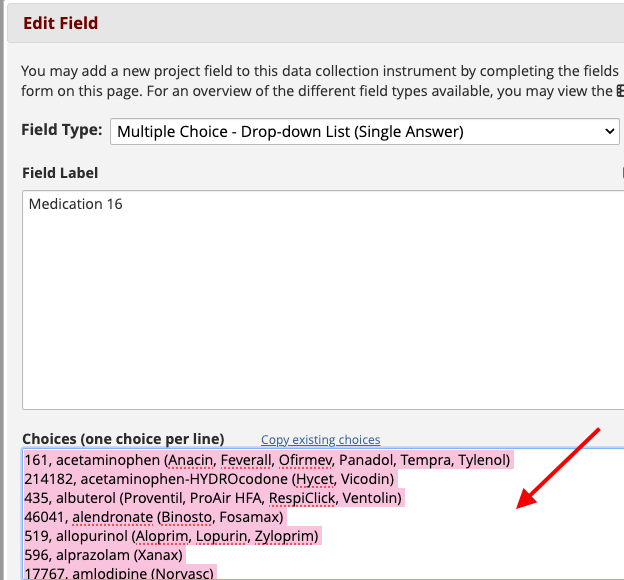 Edit field box with red arrow pointing to Choices box. Choices
within the box are highlighted.