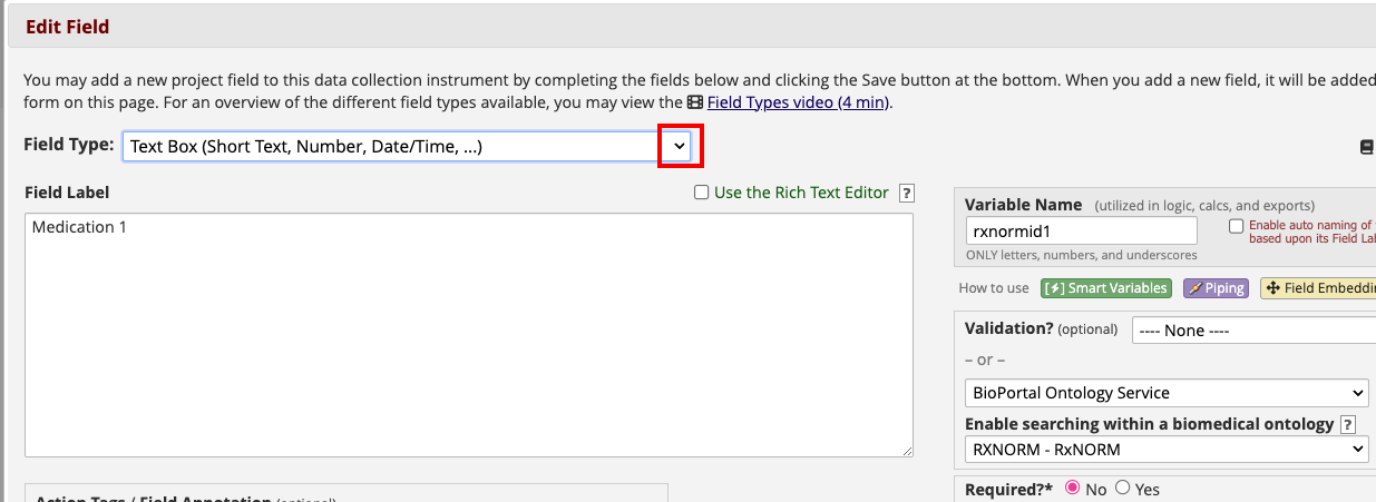 Edit field box with red box around the drop-down arrow for Field
Type. 