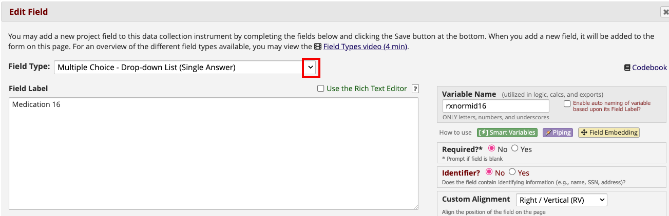 Edit field page with red box around drop-down arrow for Field
Type