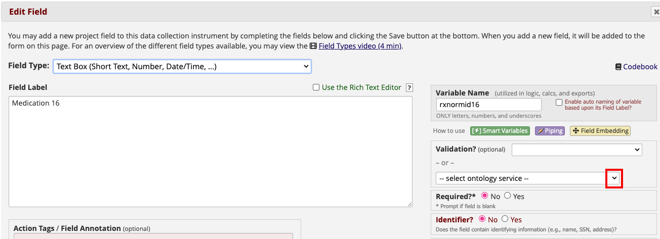 Edit field page with red box around the &#39;select ontology service&#39;
drop-down arrow in the validation section.
