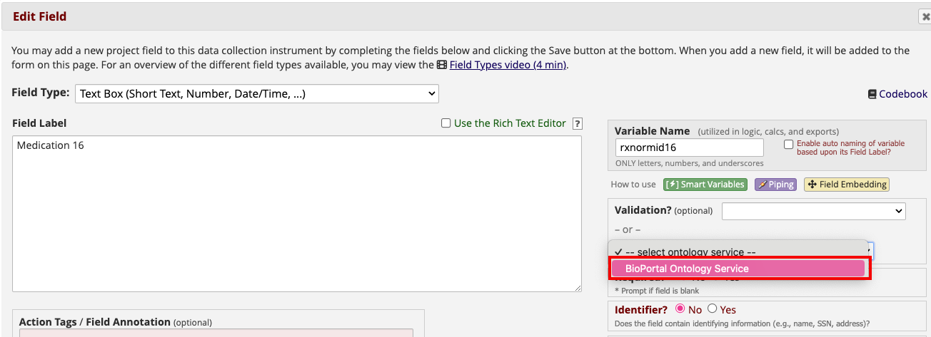 Edit field page with red box around the &#39;BioPortal Ontology Service&#39;
in the validation section.