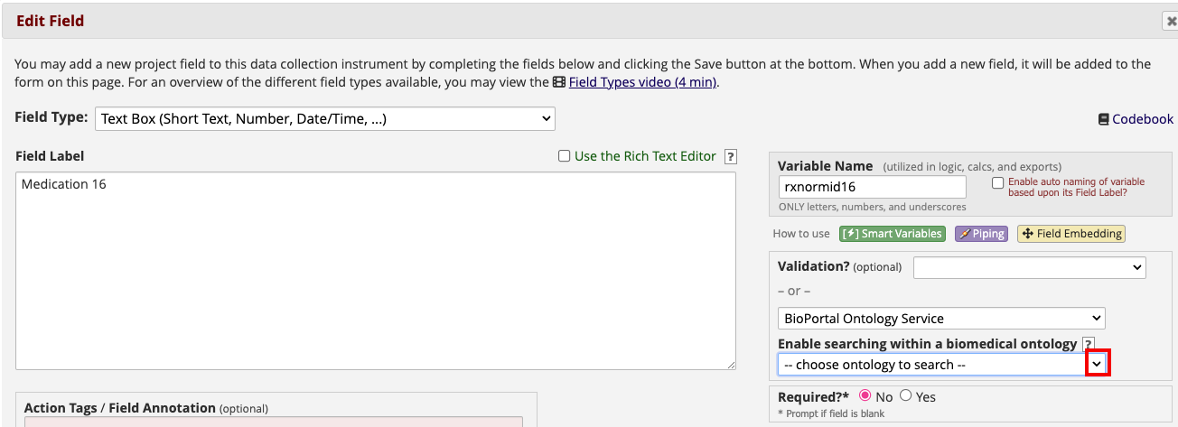 Edit field page with red box around the &#39;choose ontology Service&#39;
drop-down arrow in the validation section.
