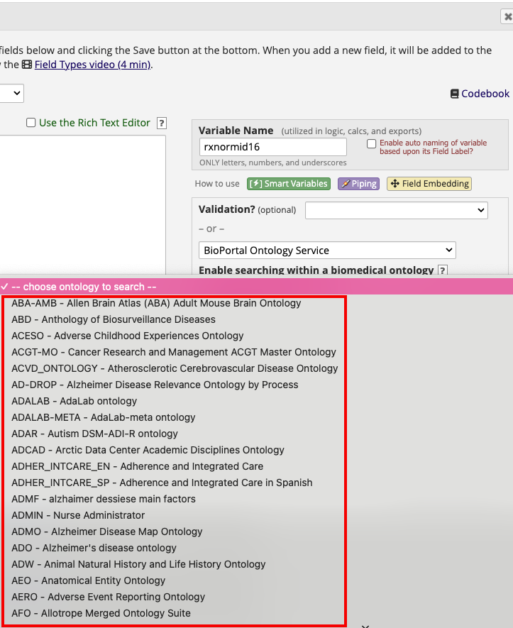 Edit field page with red box around the choices listed in the &#39;choose
ontology Service&#39; in the validation section.
