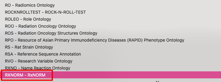 List of ontology services with a red box around the RxNorm
selection.