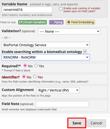 Validation section with red box around the &#39;Save&#39; button.
