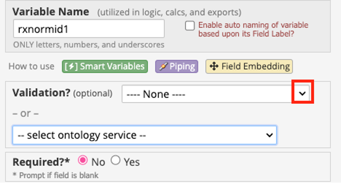 Validation section with a red box around the drop-down arrow for the
Validation drop-down list. 