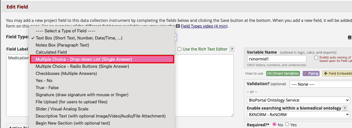 Edit field box with red box around selection &#39;Multiple Choice -
Drop-down List (Single Answer). 