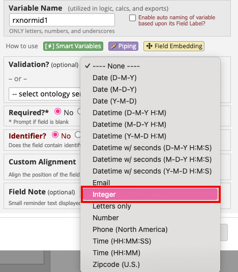 Validation section with the drop-down list of validation choices and
a red box around &#39;Integer&#39;. 