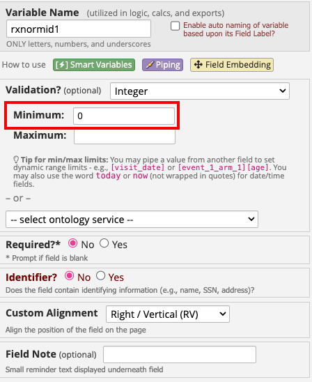 Validation section with a red box around Minimum and Maximum.
Mininmum = 0 