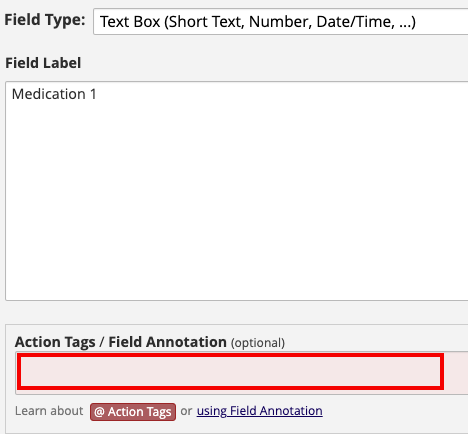 Left side of Field Editor with red box in the Action Tag section.
