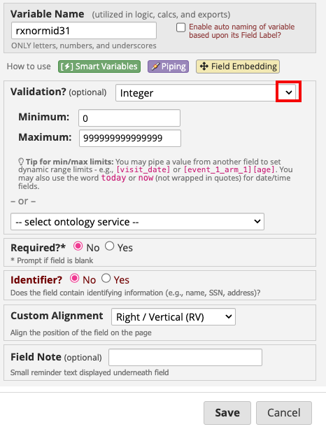 Validation section with red box around drop-down arrow. &#39;Integer&#39; is
already selected. 