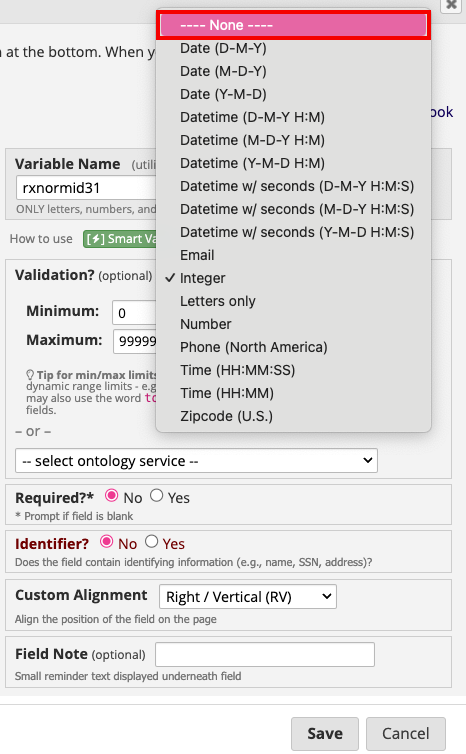 Validation drop-down list with red box around &#39;None&#39;.
