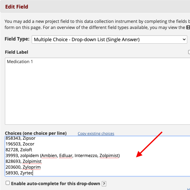 Edit field box with red arrow pointing to Choices box. Choices within
the box are not highlighted.
