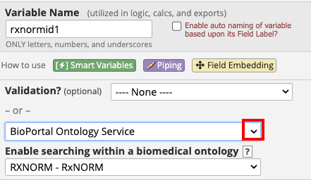 Validation section with red box around the drop-down arrow for
BioPortal Ontology Service. 