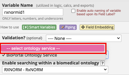 Validation section with red box around &#39;select ontology service&#39;
