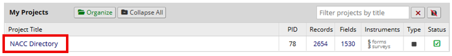 Alt text: NACC Directory project selection.