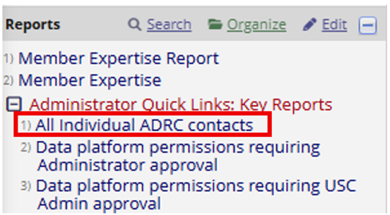 Alt text: Sidebar showing All Individual ADRC contacts report.