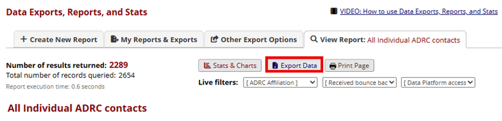 Alt text: Export Data option.