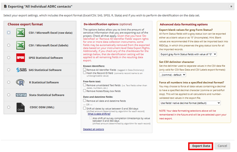 Alt text: Export Data.
