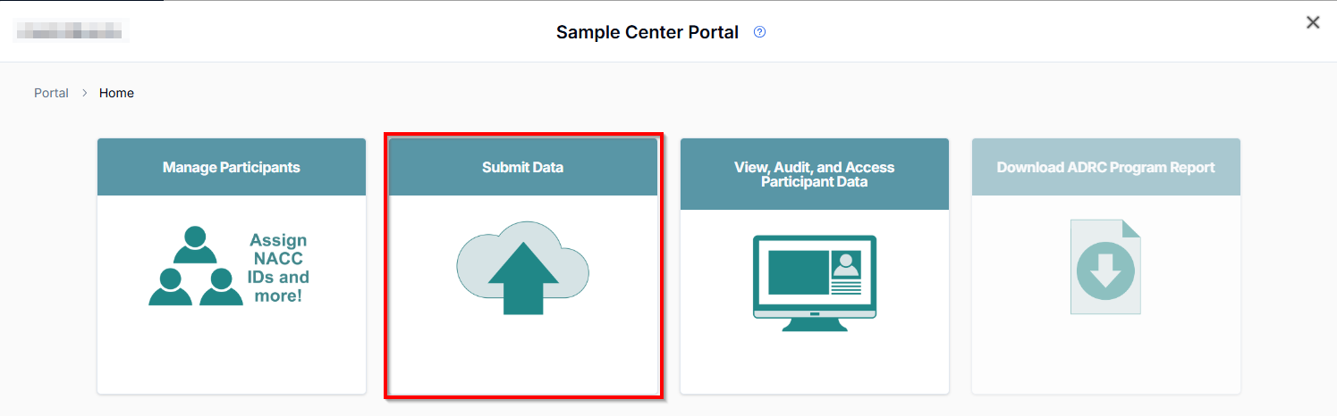 Alt text: Image of ADRC Portal landing page with Submit Data button outlined.