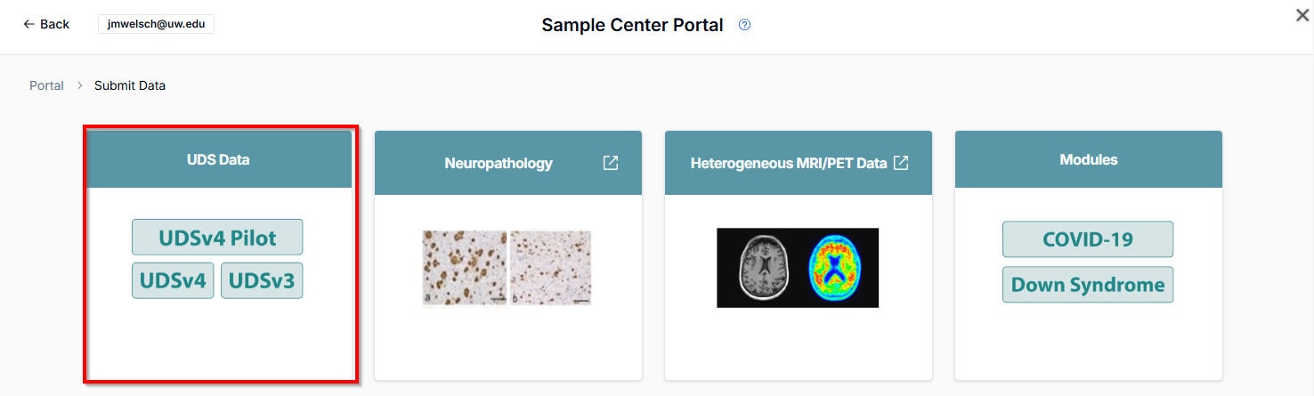 Alt text: Image of ADRC Portal Submit Data page with UDS Data button outlined.