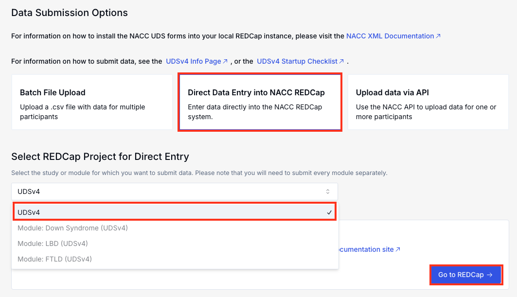 Alt text: Image of Submit UDS Data page with UDSv4 and Direct Data Entry into NACC REDCap and Go to REDCap buttons outlined.